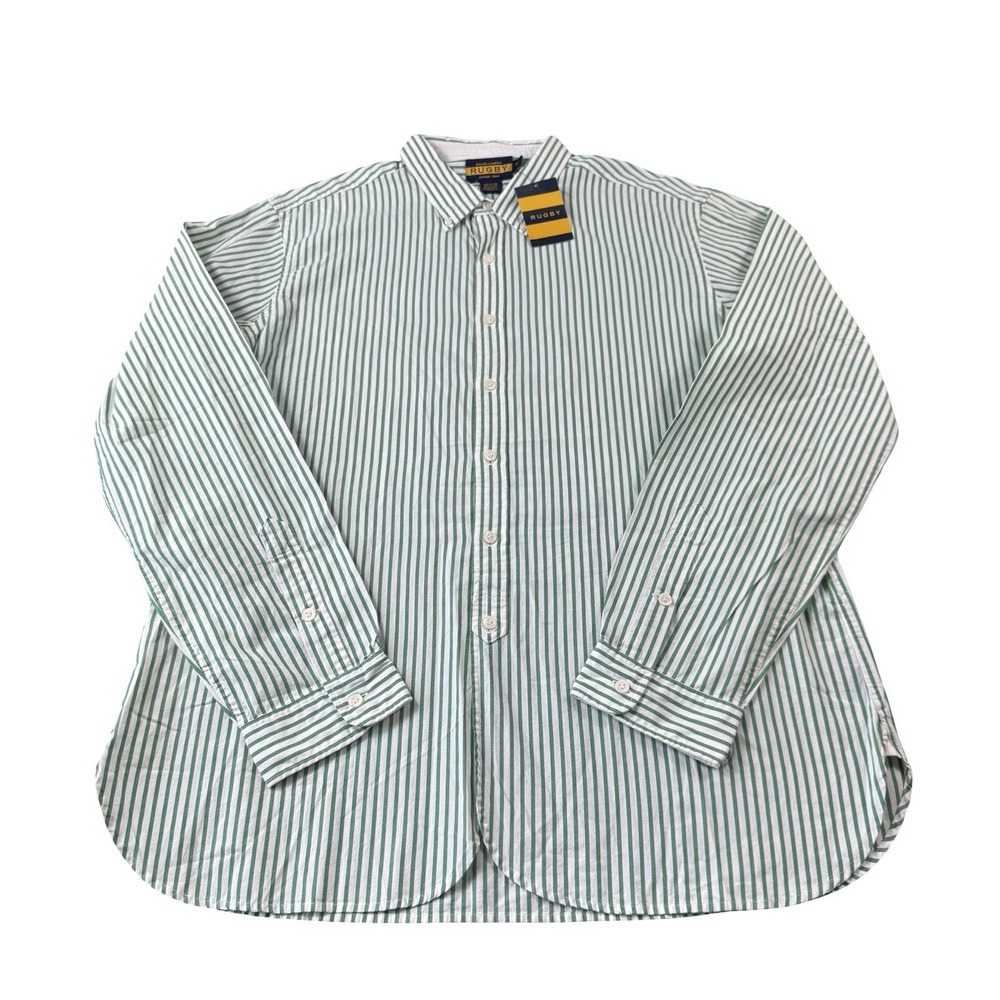 Ralph Lauren Rugby Mens XL Green White Striped Button Down Shirt 7911603 WRSL
